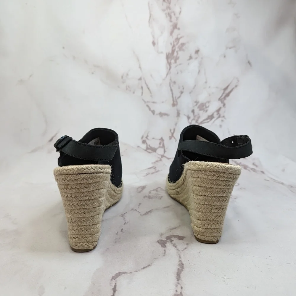 Toms Wedge Women 11 Espadrille Black Platform Slingback Shoe Sandal Open Monica